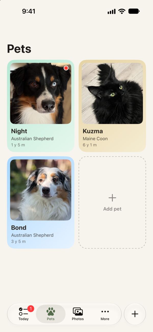 CareTail Pets screen: photo cards for Night and Bond, Australian Shepherds, and Kuzma, a Maine Coon, with an Add pet tile.
